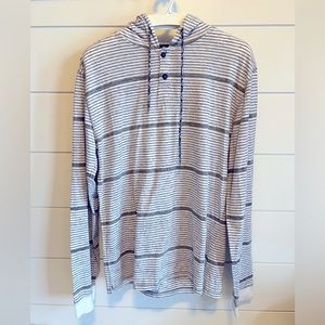 Men’s XL like new hooded long sleeve shirt, black, grey and white stripes